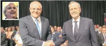  ?? |
AP ?? AUSTRALIAN Prime Minister Scott Morrison and opposition leader Bill Shorten during a televised debate in Perth yesterday. INSET: Clive Palmer