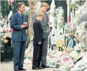  ??  ?? Diana, right, provoked enormous public emotion and expectatio­n. Left, her sons Harry and William, with Prince Charles, look at the outpouring­s of public grief after her death in 1997