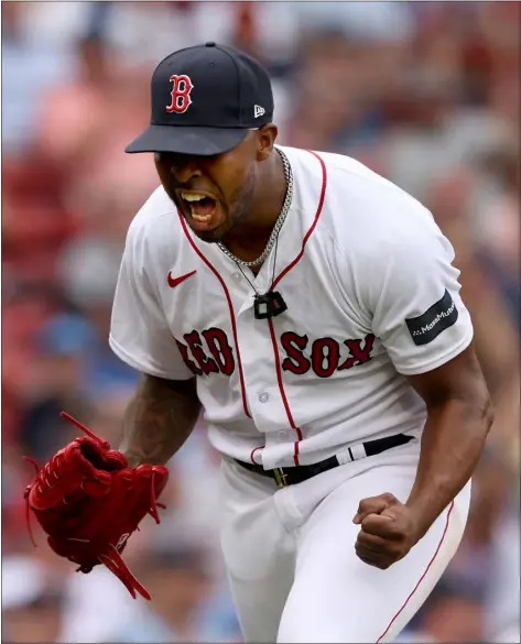  ?? STAFF PHOTO — NANCY LANE/BOSTON HERALD ?? Boston Red Sox relief pitcher Joely Rodriguez reacts during the seventh inning of a July 9, 2023game against the Oakland Athletics at Fenway Park.
