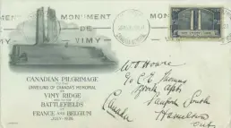  ??  ?? A commemorat­ive envelope and stamp issued to William Howie the day of the unveiling of the Canadian National Vimy Memorial.