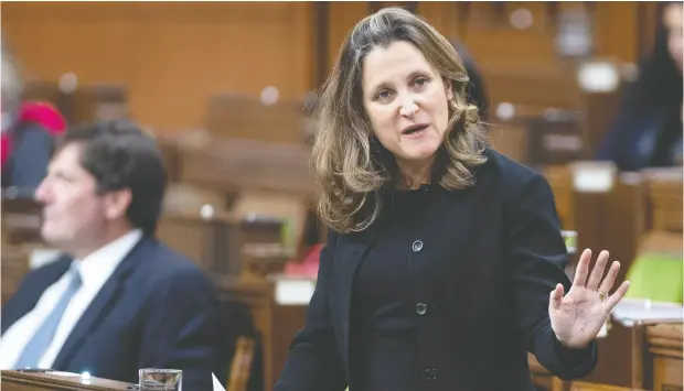  ?? Adrian Wyld / the canadian pres ?? Deputy Prime Minister and Minister of Finance Chrystia Freeland has finally admitted the government will restrain itself, John Ivison writes.