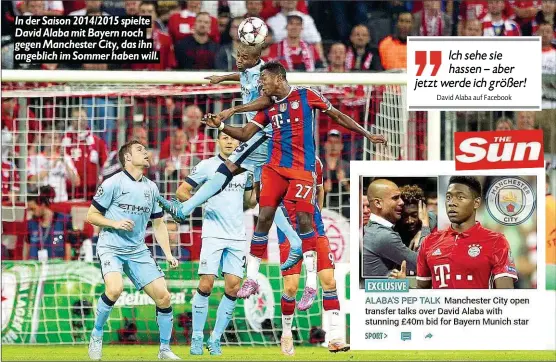  ??  ?? In der Saison 2014/2015 spielte David Alaba mit Bayern noch gegen Manchester City, das ihn angeblich im Sommer haben will.