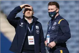  ??  ?? Gregor Townsend and Stuart Hogg ahead of kick-off against Italy