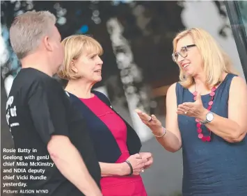  ?? Picture: ALISON WYND ?? Rosie Batty in Geelong with genU chief Mike McKinstry and NDIA deputy chief Vicki Rundle yesterday.