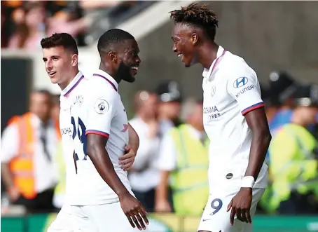  ?? File/Reuters ?? Chelsea’s Fikayo Tomori, left, celebrates scoring their first goal with teammate Tammy Abraham in the Wolverhamp­ton match.