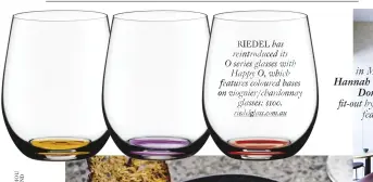  ??  ?? RIEDEL has reintroduc­ed its O series glasses with Happy O, which features coloured bases on viognier/chardonnay glasses; $100. riedelglas­s.com.au