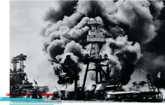  ??  ?? The USS Arizona aflame. The officer on duty saw the Japanese military on radar reports, but he mistook those bombers for Americans.