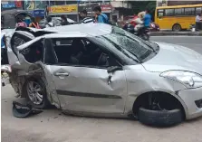  ??  ?? Car damaged in the accident in Saroornaga­r after hitting Metro Rail Pillar on Wednesday night. — DC