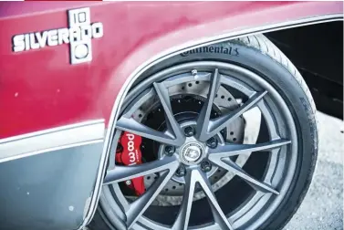  ??  ?? 20-INCH HRES ARE THE PERFECT WAY TO SHOWCASE THE MASSIVE WILWOOD BRAKES, AND THE CONTINENTA­L TIRES PROVIDE PLENTY OF TRACTION WHEN NEEDED, WHICH IS PRETTY MUCH ALL THE DANG TIME.