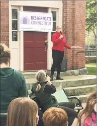  ?? Susan Campbell / Hearst Connecticu­t Media ?? State Rep. Christine Palm, who represents Deep River, Chester, and Haddam, speaks at a May 8 Desegregat­e CT rally in Deep River.