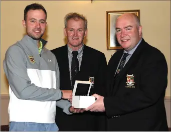  ??  ?? Club captain Derry McCarthy (right) presenting the Golfer of the Year Award to Alan MacSweeney with (centre) Jack Buckley President at Killarney Golf Club. Photo by Michelle Cooper Galvin