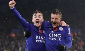  ?? Photograph: Carl Recine/Action Images via Reuters ?? James Maddison celebrates scoring Leicester’s second goal against Arsenal with Jamie Vardy.