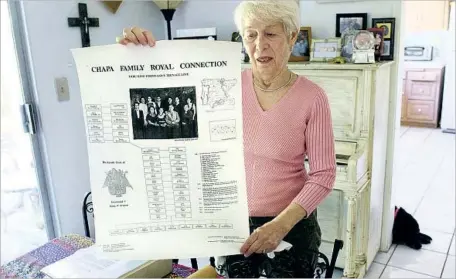  ?? Kevin Chang Weekend ?? MIMI LOZANO, a genealogy buff, shows a diagram of her family tree. She discovered a link to royalty — King Ferdinand II of Aragon.