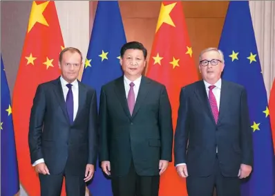  ?? LI XUEREN / XINHUA ?? President Xi Jinping meets with European Council President Donald Tusk (left) and European Commission President Jean-Claude Juncker at the Diaoyutai State Guesthouse in Beijing on Monday. Xi said the two sides should step up strategic dialogue and...