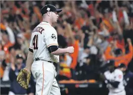  ?? Wally Skalij Los Angeles Times ?? PITCHER Brad Peacock pumps his fist after picking up a 3 2⁄3-inning save, the first in his career. Only two pitchers have recorded World Series saves that long.