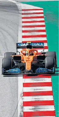  ?? Pictures: AP. ?? Valterri Bottas, left, celebrates his victory in Austria after leading every lap of the race; Briton Lando Norris, above, on his way to a third-place finish; Lewis Hamilton, below left, takes a knee prior to the race.