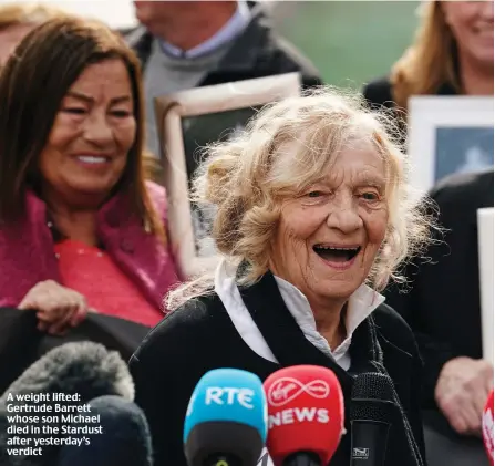  ?? ?? A weight lifted: Gertrude Barrett whose son Michael died in the Stardust after yesterday’s verdict