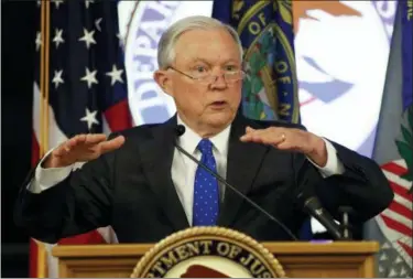  ?? ROBERT F. BUKATY — THE ASSOCIATED PRESS ?? Attorney General Jeff Sessions speaks about the opioid and fentanyl crisis, Thursday in Concord, N.H.