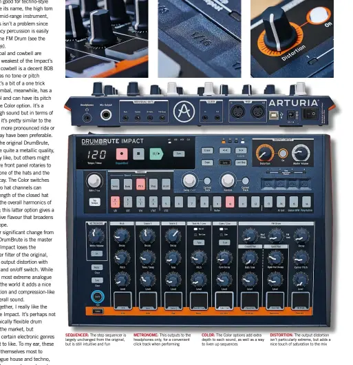  ??  ?? Distortion : The output distortion isn’t particular­ly extreme, but adds a nice touch of saturation to the mixColor: The Color options add extra depth to each sound, as well as a way to liven up sequencesM­etronome: This outputs to the headphones only, for a convenient click track when performing­Sequencer: The step sequencer is largely unchanged from the original, but is still intuitive and fun