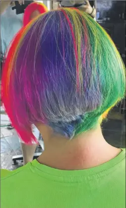  ??  ?? Contrastin­g views of Yvonne Mercer’s stunning new rainbow bob at Blakes Hair and Beauty in Canterbury