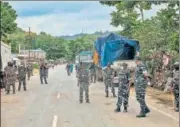  ?? AFP ?? CRPF personnel standing guard at the national highway in Lailapur area near Assam-mizoram border on August 1.