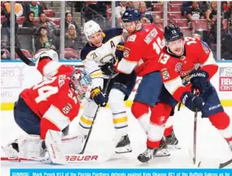  ??  ?? SUNRISE: Mark Pysyk #13 of the Florida Panthers defends against Kyle Okposo #21 of the Buffalo Sabres as he gets into position in front of goaltender James Reimer #34 at the BB&amp;T Center on Friday in Sunrise, Florida. —AFP