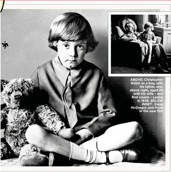  ??  ?? ABOVE: Christophe­r Robin as a boy, with his father, and, above right, aged 28 with his wife – and first cousin – Lesley in 1948. BELOW INSET: Ewan McGregor and Pooh in the new film