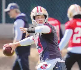  ?? ASSOCIATED PRESS ?? San Francisco 49ers quarterbac­k Brock Purdy throws during practice Wednesday ahead of Super Bowl 58 on Sunday in Las Vegas.