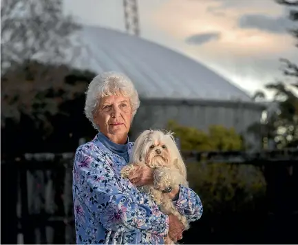  ?? PHOTO: JOHN KIRK-ANDERSON/STUFF ?? Janet Profit, with her dog Amy, hopes midge numbers at her Shortland St home will be reduced this year after the Christchur­ch City Council introduces more measures to get rid of the insects.