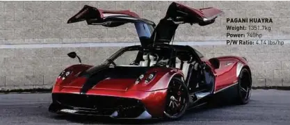  ??  ?? PAGANI HUAYRA Weight: 1351.7kg Power: 740hp
P/W Ratio: 4.14 lbs/hp