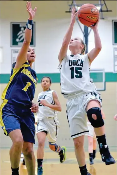  ?? For Montgomery Media / MARK C. PSORAS ?? Christophe­r Dock’s Shea Neal takes a shot past Morrisvill­e’s Delela Mena during Wednesday’s Bicentenni­al League action.