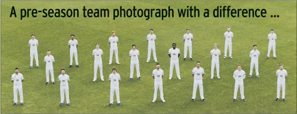  ?? Picture: Getty Images ?? HAMPSHIRE 2021 A socially distanced team picture at The Ageas Bowl. Back (from left): Aneurin Donald, Ajeet Dale, Ryan Stevenson, Joe Weatherley, Brad Wheal, Brad Taylor, Fletcha Middleton. Middle: Felix Organ, Scott Currie, James Fuller, Keith Barker, Tom Scriven, Lewis McManus. Front: Ian Holland, Liam Dawson, Sam Northeast, James Vince, Kyle Abbott, Tom Alsop, Mason Crane