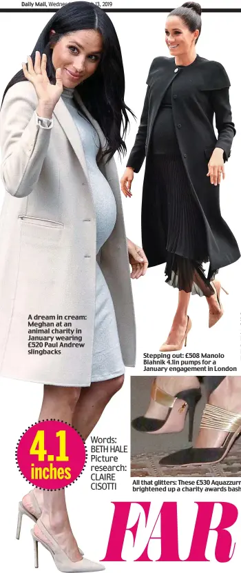  ??  ?? A dream in cream: Meghan at an animal charity in January wearing £520 Paul Andrew slingbacks 4.1 inches Stepping out: £508 Manolo Blahnik 4.1in pumps for a January engagement in London All in her stride: She was in £480 3.9in Ralph Laurens at a gala event in London in February All that glitters: These £530 Aquazzurra 4.1in mules brightened up a charity awards bash last month Words: BETH HALE Picture research: CLAIRE CISOTTI