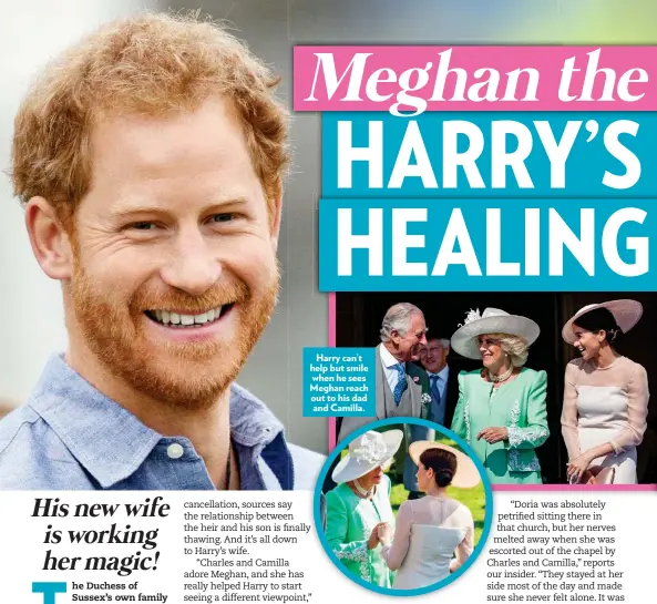  ??  ?? Harry can’t help but smile when he sees Meghan reach out to his dad and Camilla.