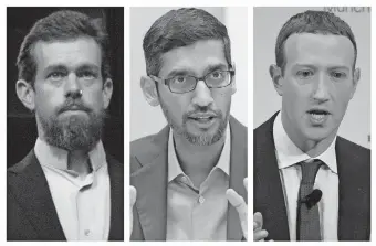  ?? JENS MEYER/ THE ASSOCIATED PRESS] [JOSE LUIS MAGANA, LM OTERO, ?? This combinatio­n of 2018-2020 photos shows, from left, Twitter CEO Jack Dorsey, Google CEO Sundar Pichai, and Facebook CEO Mark Zuckerberg. They are expected to testify in an Oct. 28 Senate hearing on tech companies' control over hate speech and misinforma­tion on their platforms.