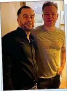  ??  ?? BOURNE TO BE MILD: Damon, who plays action star Jason Bourne, toned it down while visiting Dalkey as he gladly posed for photos with Ouzos owner Hicham Raouf Djeffal and Prakash Custnack in recent weeks