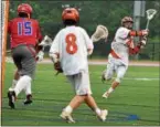  ?? BARRY TAGLIEBER - FOR DFM ?? Perk Valley’s Max Nice fires on goal as Neshaminy’s Gage Maclvanie defends as Perk Valley’s Connor Roop looks on during Perkiomen Valley’s District 1 Class 3A win over Neshaminy, Wednesday.