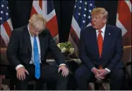  ?? EVAN VUCCI ?? FILE - In this Tuesday, Sept. 24, 2019file photo President Donald Trump meets with British Prime Minister Boris Johnson at the United Nations General Assembly, in New York. British Prime Minister Boris Johnson has said a lot of nice things about Donald Trump over the years, from expressing admiration for the U.S. president to suggesting he might be worthy of the Nobel Peace Prize. But after a mob of Trump supporters invaded the U.S. Capitol on Jan. 6, Johnson has changed his tune.
