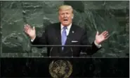  ?? AP PHOTO/RICHARD DREW, FILE ?? FILE - In this Sept. 19, 2017, file photo, President Donald Trump addresses the 72nd session of the United Nations General Assembly, at U.N. headquarte­rs. Just 24 percent of Americans say the country is heading in the right direction after a tumultuous...