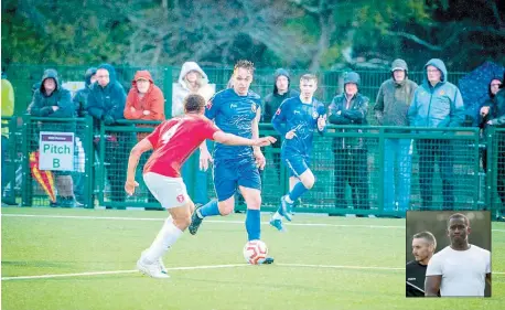  ?? Photo credit: Joshua James (f8digitalm­edia.com) ?? Marlow's Dawid Rogalski in last week's Berks & Bucks Senior Cup final defeat to Bracknell Town. Mark Bartley (inset) says the club's proposed switch to the Southern League Central Division will be destabilis­ing and impact his ability to attract and retain players for next season.