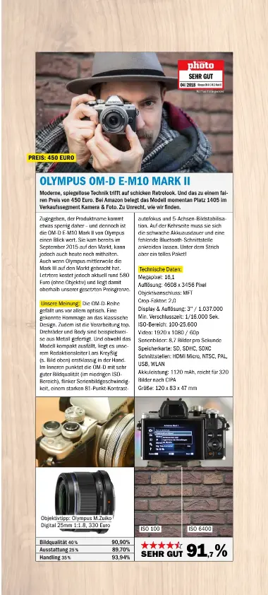  ??  ?? PREIS: 450 EURO Objektivti­pp: Olympus M.zuiko Digital 25mm 1:1.8, 330 Euro
Bildqualit­ät Ausstattun­g
Handling 90,90% 89,70%
93,94% ISO 100 ISO 6400 40% 25% 91,7%  SEHR GUT 35%