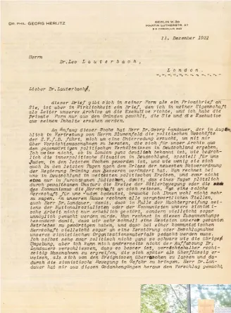  ?? (Copyright Central Zionist Archives, Jerusalem) ?? LETTER FROM Dr. Georg Herlitz to Dr. Leo Lauterbach, communicat­ing the political situation of 1931 Germany.