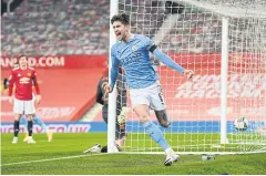  ?? REUTERS ?? Man City’s John Stones after scoring their first goal against United.