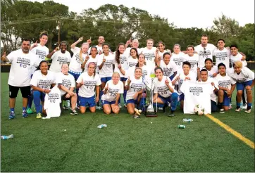  ?? Photo courtesy of CJMartinMe­dia ?? The Santa Clarita Blue Heat celebrate their United Women’s Soccer national championsh­ip at The Master’s College on Saturday evening.
