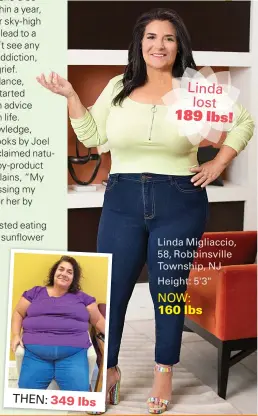  ??  ?? Linda Migliaccio, 58, Robbinsvil­le Township, NJ Height: 5'3" NOW:
160 lbs