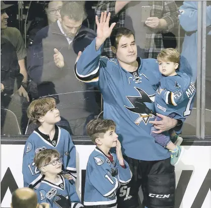  ?? JOSIE LEPE – STAFF PHOTOGRAPH­ER ?? Patrick Marleau, with his four sons, waves to the fans at SAP Center in February during a celebratio­n of his 500th career NHL goal. Sunday, the Sharks star announced he had agreed to a three-year, $18.75million contract to play for the Toronto Maple...