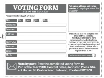  ??  ?? Johnston Press are the publishers of this newspaper. Normal Johnston Press competitio­n rules apply, for more informatio­n go to www.johnstonpr­ess.co.uk/competitio­n. Deadline for all votes is Friday, September 21, 2018. Multiple coupons can be posted in the same envelope. Johnston Press accepts no responsibi­lity for Royal Mail delays or losses. Open only to over 18s.