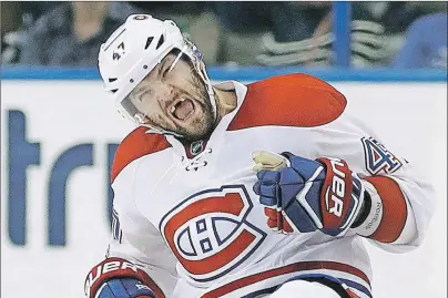  ?? AP PHOTO ?? In this April 1 file photo, Alexander Radulov celebrates his overtime goal with the Montreal Canadiens during the team’s NHL game against the Tampa Bay Lightning in Tampa, Fla.