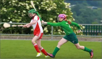  ??  ?? Caoimhe Furlong of Kilanerin strikes under heavy pressure from Erin McDonald (Clonroche).