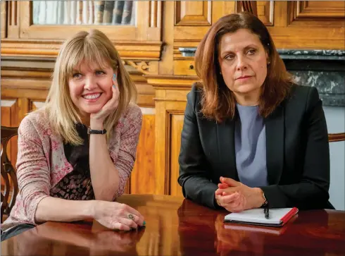  ??  ?? Above: Ashley Jensen with co-star Rebecca Front in new BBC drama Love, Lies and Records. Left: In Extras alongside Ricky Gervais and Stephen Merchant